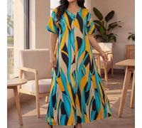 Robe tunique grande taille pour femme, en tenue décontractée et modeste pour le printemps et l'été, avec encolure en V, manches 3/4 et tissage coloré, adapté pour la plage ou la ville 0XL,1XL,2XL,3XL,