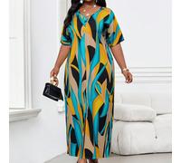 Robe tunique grande taille pour femme, en tenue décontractée et modeste pour le printemps et l'été, avec encolure en V, manches 3/4 et tissage coloré, adapté pour la plage ou la ville 0XL,1XL,2XL,3XL,