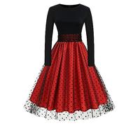 Robe tunique pour femme été femme Halloween rétro en maille à pois stitching robe à manches longues jupe bouffante robe maxi femme manches longues élégante, rouge, S