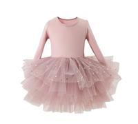 Robe tutu de ballet à manches longues avec couches moelleuses et jupe en tulle à paillettes pour petite fille, Rose pâle, 5-6 ans