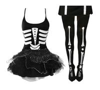 Robe tutu squelette pour femme - XS - Haut imprimé os noir, tutu noir, collants squelette noirs - Déguisement d'Halloween pour adultes