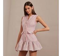 Robe tweed florale rose romantique avec glands et ornements de boutons de perle délicats. C'est une mini-robe de style princesse mignonne et sans manches, parfaite pour l'automne et l'hiver. Élégante 
