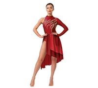 Robe une pièce pour femme ornée de cristaux étincelants pour la gymnastique artistique, le patinage artistique, le ballet, la danse lyrique et les spectacles de scène de danse latine, Bordeaux C, XXL