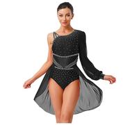 Robe une pièce pour femme ornée de cristaux étincelants pour la gymnastique artistique, le patinage artistique, le ballet, la danse lyrique et les spectacles de scène de danse latine, Noir A, S