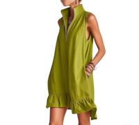 Robe unie à col montant sans manches pour femme - Aspect lin - Demi-fermeture éclair - Robe d'été décontractée pour vacances - Tenue de plage - M-XXXL (vert XL)