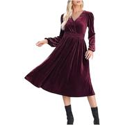 Robe unie à manches longues pour vêtements d'extérieur de style européen pour banlieue, col en V, plissée, taille haute, robe longue pour femme, rouge, XL