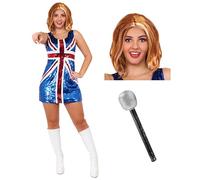 Robe Union Jack pour femme - Taille M - Rouge, blanc et bleu à paillettes - Robe drapeau du Royaume-Uni à paillettes - Perruque roux et microphone - Déguisement d'icônes de musique des années 90 pour