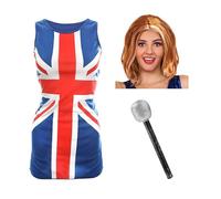 Robe Union Jack pour femme - XL - Robe drapeau Union Jack rouge, blanc et bleu, perruque roux et microphone - Déguisement d'icônes de musique des années 90 pour adultes et femmes