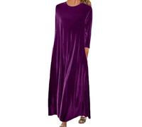 Robe Velours Femmes Grandes Tailles- Robe de Soirée Longue Manche Longue,Robe Fête Col Rond Unicolor Couleurs Pures Doux Confortable Amincissante Plissée Oversize Lâche la Grâce Long Robe