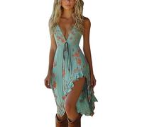 Robe Vintage À Col en V Et San Manches pour Femmes Retro Western Country Robes Bohème Chic Robe De Festival Vacances Grande Taille Gothique Jupe Deguisement Occidental Costume De Style Cowboy
