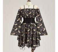 Robe vintage à imprimé floral licorne, cheval et cerf avec épaules dénudées, manches évasées, ourlet asymétrique, taille à cordon, grande taille 1XL,2XL,3XL,4XLTout ImpriméTissu tissé