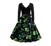 Robe Vintage à Manches Longues pour Femme Verte Motif Trèfle Motif Trèfle à Feuilles Robes de Saint Patricks Robe de Bal Swing Cocktail Robe De Saint Patrick Bal Festivals Robe de Soirée pour Femme