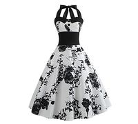 Robe Vintage Années 50 Femme Retro Rockabilly Pin Up Élégante Robes sans Manche Dos Nu Décolleté en Cœur Polka Dot Trapèze Mariage Cocktail Soirée Fête Cérémonie Décontractée au Genou #Fleur Noir M