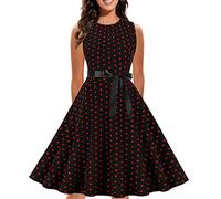 Robe Vintage AnnéEs 50 Pin Up Femme à Pois Vintage Rétro Imprimée à Pois Mi Longue Elégante Style 1950's Audrey Hepburn Robe de Soirée Cocktail sans Manches Rockabilly Année 50 Swing Plissée