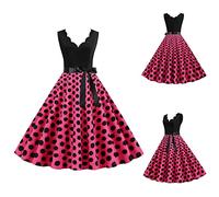 Robe Vintage AnnéEs 50 Pin Up Femme à Pois Vintage Rétro Imprimée à Pois Mi Longue Elégante Style 1950's Audrey Hepburn Robe de Soirée Cocktail sans Manches Rockabilly Année 50 Swing Plissée
