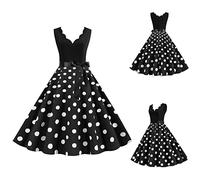 Robe Vintage AnnéEs 50 Pin Up Femme à Pois Vintage Rétro Imprimée à Pois Mi Longue Elégante Style 1950's Audrey Hepburn Robe de Soirée Cocktail sans Manches Rockabilly Année 50 Swing Plissée