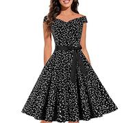 Robe Vintage AnnéEs 50 Pin Up Femme à Pois Vintage Rétro Imprimée à Pois Mi Longue Elégante Style 1950's Audrey Hepburn Robe de Soirée Cocktail sans Manches Rockabilly Année 50 Swing Plissée