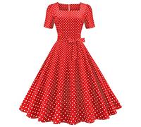 Robe Vintage Années 50 Pin up Femme Robe de Soirée Cocktail Cérémonie Anniversaire Bal Fête Rockabilly Swing Col en V sans Manche Rouge S