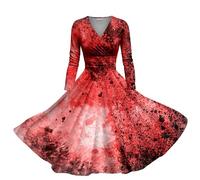 Robe Vintage Audrey Hepburn Femme Robe Col V, Deguisement Halloween Sexy Diablesse A Ligne Citrouille Imprimé Chic Elegant Tendance Dress Casual Glamour Sanglante