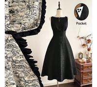 Robe vintage classique élégante pour femme, robe jacquard à encolure bateau ajustée pour l'automne/l'hiver, robe nuisette sans manches, robe rouge vin L,M,S,XL,XS,XXL,XXS,XXXL,XXXXLUnicoloreTissu tiss