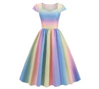 Robe Vintage des Années 1950 pour Femmes Élégante Couleurs Arc-en-Ciel Manches Cape Col en Cœur Soirée Cocktail Grande Balançoire Robe De Bal Mi-Longue (Color : Multicolour, Size : M)