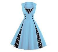 Robe Vintage Femme Années 40 50 60 Chic et Elegant Robe de Soirée Cocktail Cérémonie Rockabilly Swing Plissé sans Manche avec Boutons Cadeau Femme,Bleu Clair,3XL,H11N