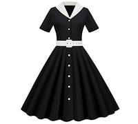 Robe Vintage Femme Années 40 50 60 Chic et Elegant Robe de Soirée Cocktail Cérémonie Style Rockabilly Swing Plissé Manches Courtes A-Line Taille Haute Cadeau de Ma Mère,Noir,S,H4P