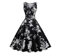 Robe Vintage Femme Années 40 50 60 Chic et Elegant Robe de Soirée Cocktail Cérémonie Style Rockabilly Swing Plissé Col V sans Manche A-Line Taille Haute Ete,1-Noir,M
