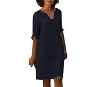 Robe Vintage Femme Coton Et Lin- Robe Grande Taille Manches 3/4 Col en V De Couleur Solide Rétro-Taille Haute Épissée Comfortable Chic Et Élégants Classiques Baggy Chemise Dress