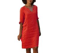 Robe Vintage Femme Coton Et Lin- Robe Grande Taille Manches 3/4 Col en V De Couleur Solide RéTro-Taille Haute éPisséE Comfortable Chic Et éLéGants Classiques Baggy Chemise Dress