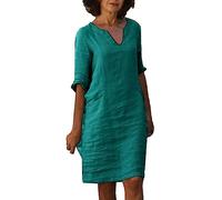 Robe Vintage Femme Coton Et Lin- Robe Grande Taille Manches 3/4 Col en V De Couleur Solide RéTro-Taille Haute éPisséE Comfortable Chic Et éLéGants Classiques Baggy Chemise Dress