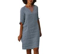 Robe Vintage Femme Coton Et Lin- Robe Grande Taille Manches 3/4 Col en V De Couleur Solide RéTro-Taille Haute éPisséE Comfortable Chic Et éLéGants Classiques Baggy Chemise Dress