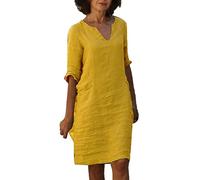 Robe Vintage Femme Coton Et Lin- Robe Grande Taille Manches 3/4 Col en V De Couleur Solide RéTro-Taille Haute éPisséE Comfortable Chic Et éLéGants Classiques Baggy Chemise Dress