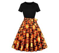 Robe Vintage Femme Deguisement Halloween Grande Taille, Robe Style Audrey Hepburn Imprimé Citrouille Cocktail Casual Party SoiréE AnnéE 70S Pin-Up Rockabilly Swing Mi Longue A-Line Dress