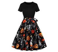 Robe Vintage Femme Deguisement Halloween Grande Taille, Robe Style Audrey Hepburn Imprimé Citrouille Cocktail Casual Party SoiréE AnnéE 80S Pin-Up Rockabilly Swing Mi Longue A-Line Dress