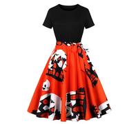 Robe Vintage Femme Deguisement Halloween Grande Taille - Robe Style Audrey Hepburn Imprimé Citrouille Cocktail Casual Party SoiréE AnnéE 50S Pin-Up Rockabilly Swing Mi Longue A-Line Dress