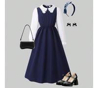 Robe vintage française douce à col claudine Peter Pan, manches bouffantes 2 en 1, robe longue à taille cintrée pour jeune fille 8Y,9Y,10Y,11Y,12YBlocs de couleurPolyester