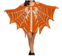 Robe Vintage Halloween Femme Tete De Mort Mini Robe Col V Chic et Elegant Manches sans/Courtes/Longues A-Line Casual Robes pour Fête Noël Mariage Floral Mini Dress Halloween Costume (Orange, L)
