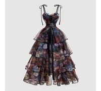 Robe vintage noire à imprimé floral sur tout le corps, magnifique robe 2 en 1 avec jupes multiples amovibles - Style palais, robe d'anniversaire, robe de croisière, robe superposée L,M,S,XL,XS,XXL,XXS