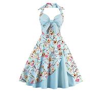 Robe vintage pour femme en coton sexy rétro années 1950 dos nu Rockabilly Swing imprimé floral ourlet thé fête patineuse ligne A Line Prom Cocktail Party Homecoming Grande taille 38-50, bleu ciel, 44