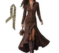 Robe vintage western en daim pour femmes, robe maxi à col en V boutonnée à manches longues, robe de style western cowgirl en faux daim, marron foncé, S