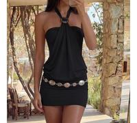 Robe western style ras-du-cou plissée de couleur unie , robe noire mini, combi-short, Halloween, tenue de cowgirl, style Maillard, Y2K, vintage, jupes d'été, streetwear, chic rétro, best-seller, weste