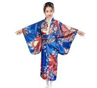Robe Yukata Japonaise Kimono Enfant Imprimé Peignoir Long Robe Chinoise de Chambre Fille Gamins Traditionnel Classique Vêtements Soie Tissu Peignoir Mariage Fête Performance (Z3-Blue, 9-10 Years)