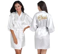 Robebride de la mariée Dégage en V Cardigan Robe Bridigan Robe à manches courtes Summer Summer Bride avec sangle de sangle intérieure et ceinture en soie épouse pour la fête du jour du mariage, L