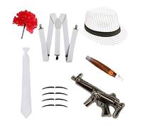 Robelli Déguisement Gangster Ensemble - Chapeau Mou, Cravate, Bretelles, Cigare, Moustaches & Carnation - Blanc, One Size