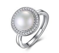 RobertDTesta Bague En Argent 925 Pour Femme Avec Perles Solitaires Et Zircons Micro Sertis 9-9,5 Mm En Argent Avec Perle D'eau Douce,Argent,7