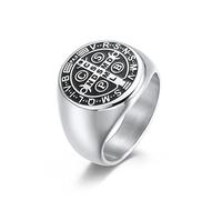 RobertDTesta Bague Médaillon Exorcisme St Benoît pour Homme, Bague Croix Exorcisme Catholique en Acier Inoxydable,Argent,10