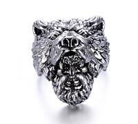 RobertDTesta Bague Tête d'ours Viking, Bague en Acier Inoxydable Tête d'ours Animal Gothique Vintage pour Hommes,Argent,15