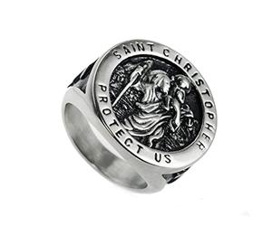 RobertDTesta Chevalière St Christophe, Bague en Acier Inoxydable Croix Gothique pour Homme St Christophe Patronus,Argent,14
