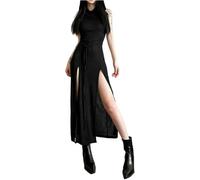Robes à Capuche Gothiques Foncées Y2k Punk évider Midi Robe Femmes Sexy Split Side Solide Streetwear, Black, M